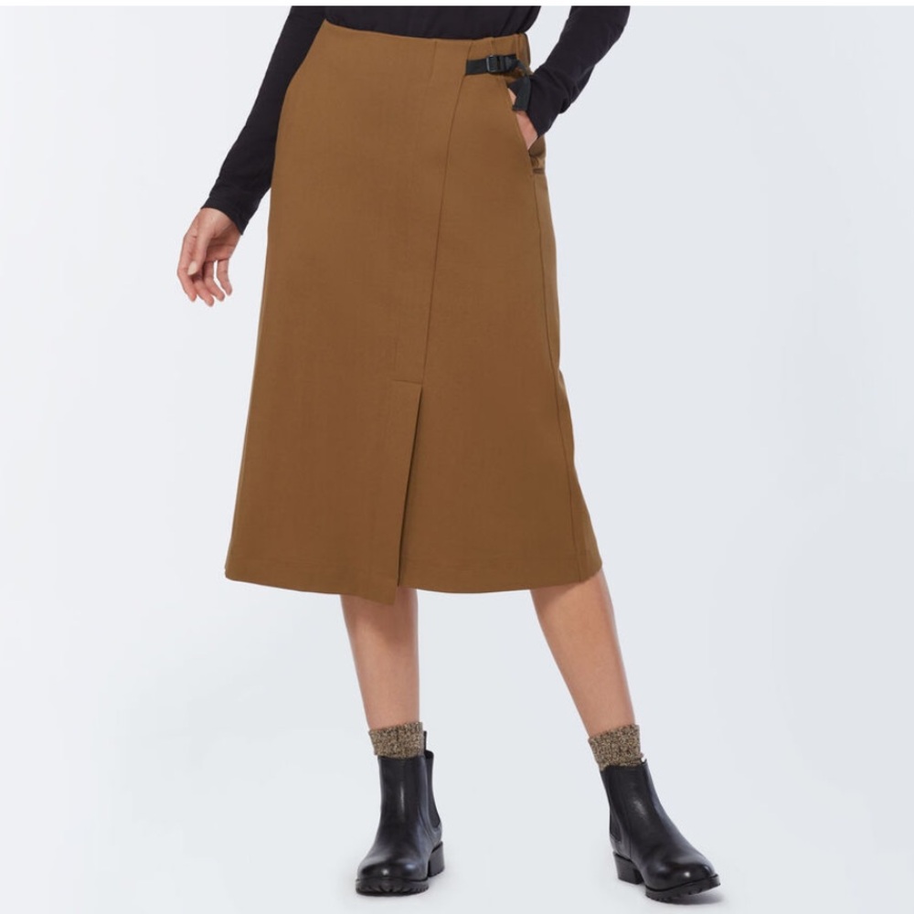 Duluth Trading‎ Co Women’s Ponte Pro Midi Skirt Sz S Camel Brown Faux Wrap